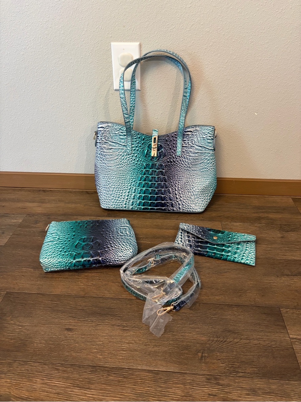 3 Piece Blue Ombré Faux Crocodile Purse, Wallet & Small Bag w/ Crossbody Strap